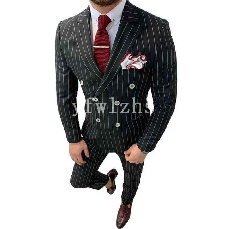 Knappe Stripe Groomsmen Double-Breasted Groom Tuxedos Man's Past Bruiloft / Prom / Diner Man Blazer (Jacket + Pants + Tie) K687