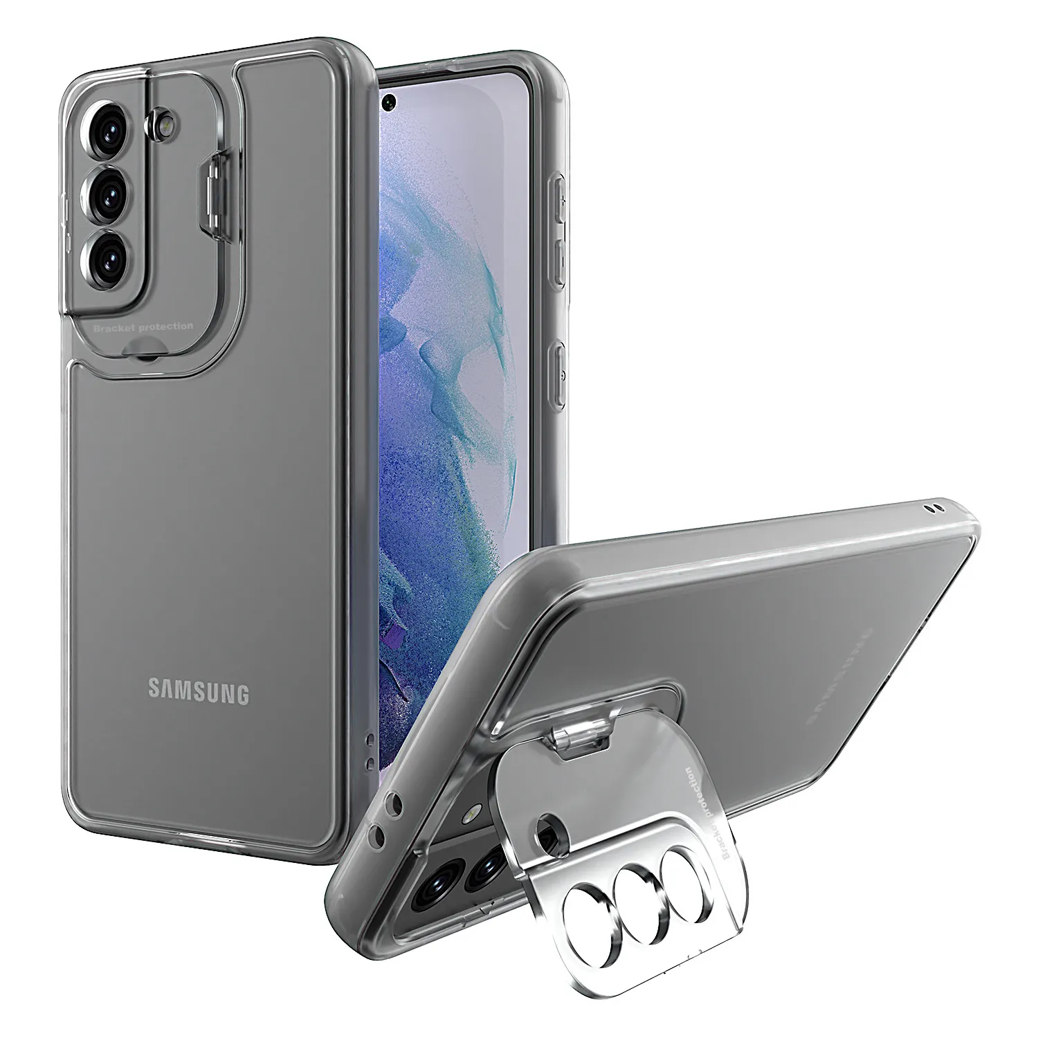 Custodie per telefoni con protezione dell'obiettivo della fotocamera per Samsung Galaxy S22 Ultra Plus A53 A33 A13 Iphone 13 12 Pro Max Design del supporto per cavalletto Custodie ibride trasparenti antiurto