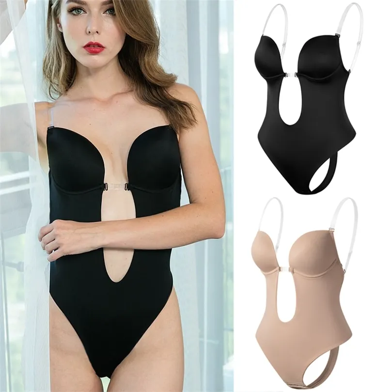 Kvinnor rygglös bodysuit Shapewear u kastar sömlös thong stropplös full bodysuits som kastar djupa vneck body shaper för bröllop 220702