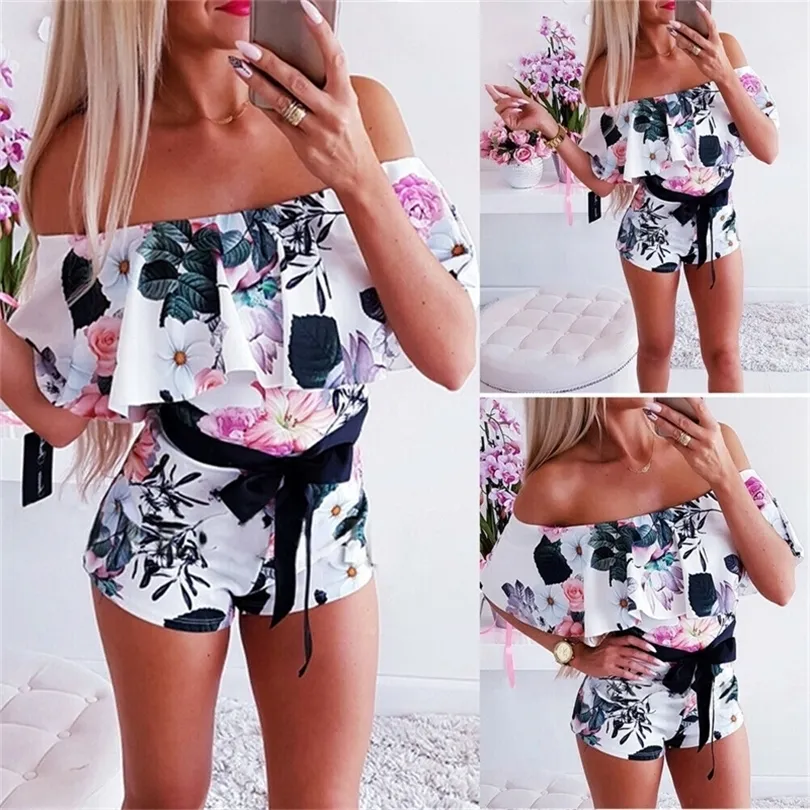 Summer New Womens Romper Off Shoulder Floral Belt PlaySuit Shorts Mini Jumpsuit Beach Sundress Holiday Clothes UK Storlek 614 T200527