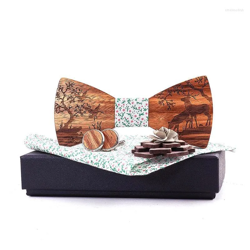 Noeuds papillon Sitonjwly hommes costume en bois noeud papillon mouchoir broches boutons de manchette ensemble papillons en bois mariage corsage cadeaux de Noël arc Emel22