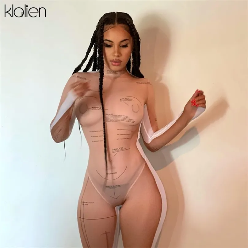 KLALIEN mode Sexy maille imprimer à manches longues col roulé combinaison pour femmes automne maigre Stretch mince plage Clubwear barboteuse 220505