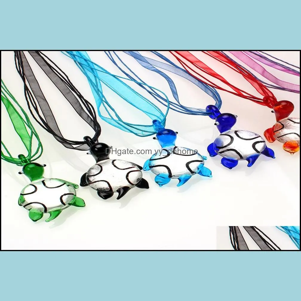 wholesale 6pcs mixed color animal turtle lampwork glass necklace handmade pendant & silk ribbon
