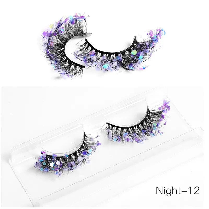 Belles extensions de faux cils épais bouclés à paillettes, naturels, longs, doux, vifs, fabriqués à la main, multicouches réutilisables, lumineux de nuit, faux-cils désordonnés entrecroisés