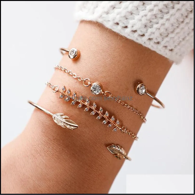fashion geometric gold color crystal leaf bracelet set for women opening adjustable bracelets bangle party jewelry