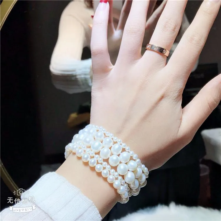 Beaded Strands 5rows Natural Odlat White Freshwater Pearl Cubic Zirconia Pave Connector Strand Armband 8 "för WomenReaded