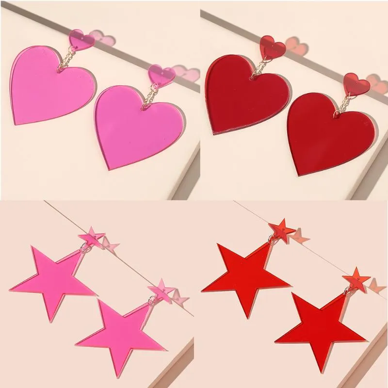 Dangle Chandelier Fashion Neon Pink Red Heart Drop أقراط للنساء الكبير هندسيات الصخور الشرير بالملالية الليلية الإكسسوارات المجوهرات