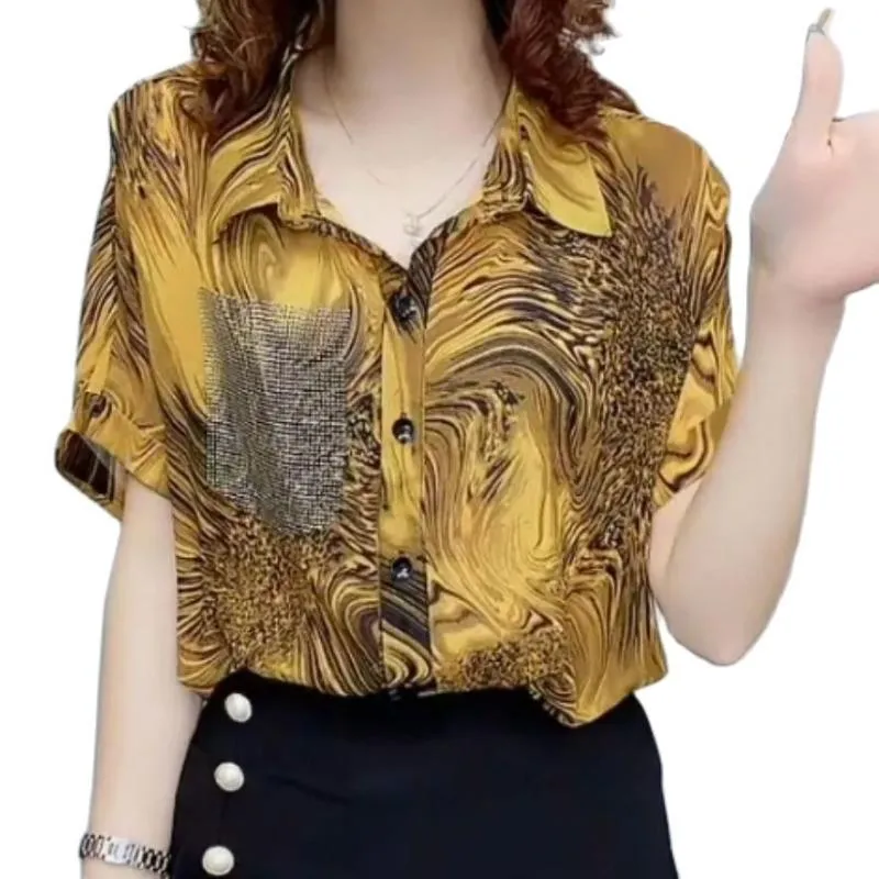 Women's Blouses & Shirts Women Spring Summer Style Chiffon Lady Casual Short Sleeve Print Turn-down Collar Tops 2022 Arrivals