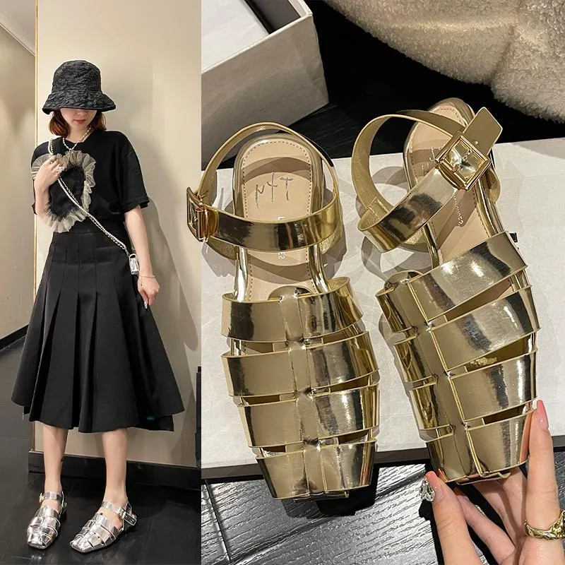 Braided Style Summer Roman French Sandals Sier Low-heeled Hollow Toe Buckle Women's Tidesandals 726