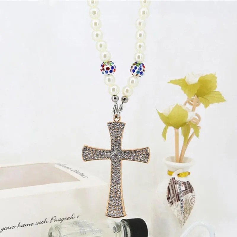 Interiördekorationer Bildekoration Pendant Cross Jesus Christ Crystal Pearl Diamond Hanging Auto Rearview Mirror Trim Ornament Accessoriesi