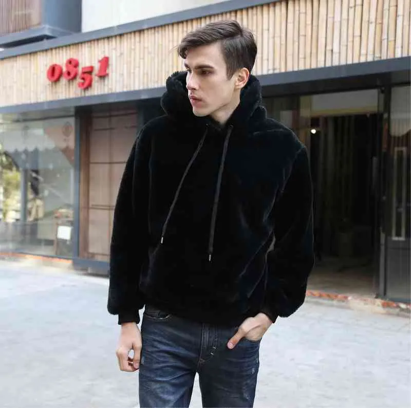 Felpa con cappuccio da uomo in pelliccia di visone finto Felpa con cappuccio da uomo in cotone felpato spesso con cappuccio da uomo Abbigliamento invernale nero Felpe con cappuccio da ragazzi lanuginosi casual xxxl L220725