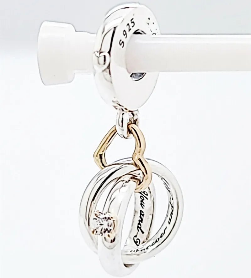 Tvåfärgade bröllopsringar dangle charm 925 silver pandora charms för armband DIY smycken gör kit lösa pärlor silver grossist 799319C01