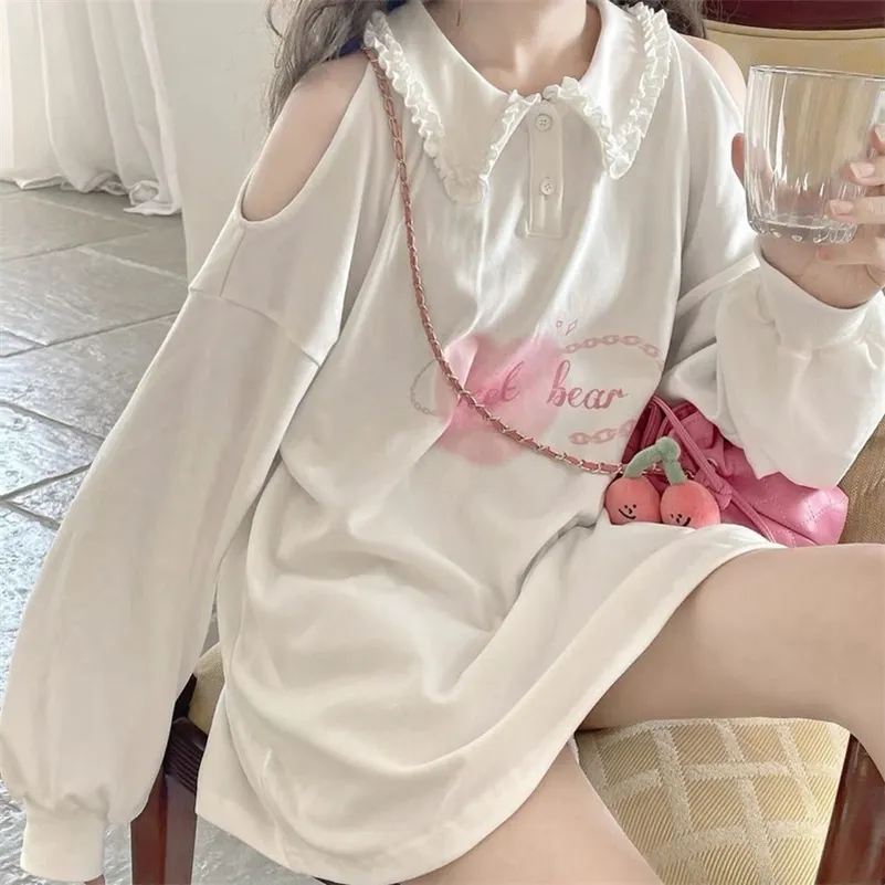 HOUZHOU Kawaii blanc sweats à capuche femmes japonais mignon coeur imprimé épaule dénudée à manches longues sweat doux fille coréenne haut de mode 220725