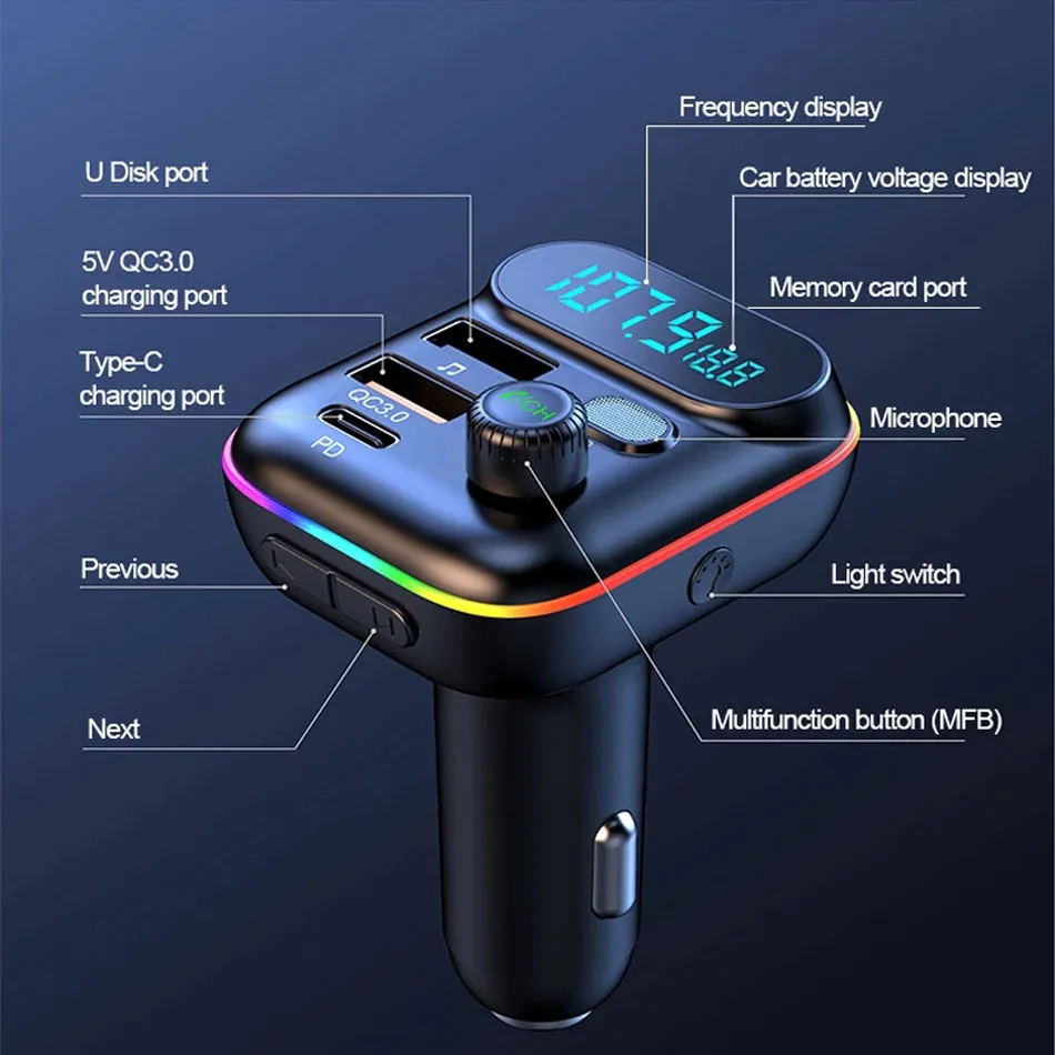 Trasmettitore FM Bluetooth 5.0 Per Auto - Ricarica USB E Type-C, Vivavoce E Lettore MP3 - Foto 4