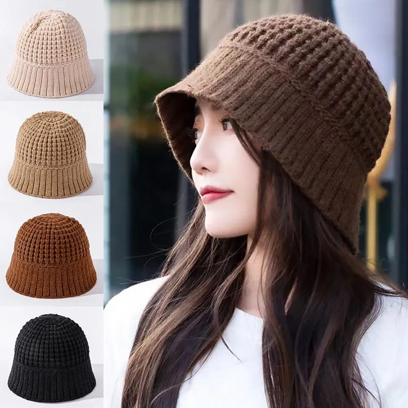 Bérets adulte automne et hiver coréen pêcheur chapeau femmes épais chaud tricoté laine peluche Net couleur unie mode bassin HatBerets