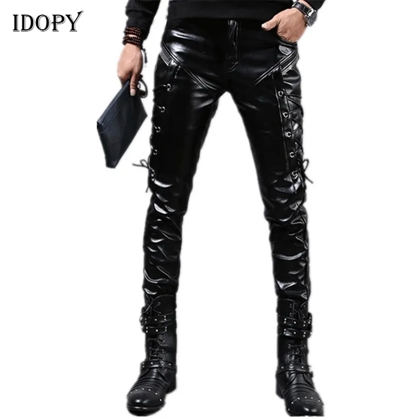 Idopy Men`s Pleather Pants Punk Style Skinny Lace Up Party Stage Performance Night Club Steampunk Faux PU Leather Trousers 220325