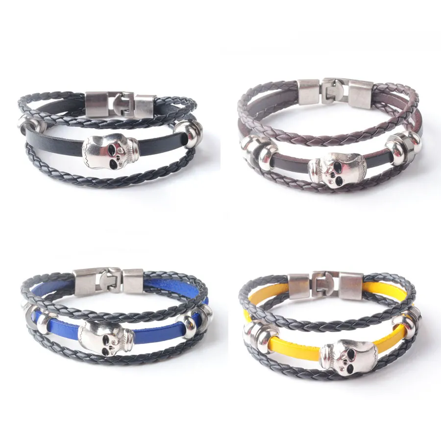 Multilayer Dichroic Leather Skull Accessories Men's Bracelet Stainless Steel Leather Bangle For Special Present BC001