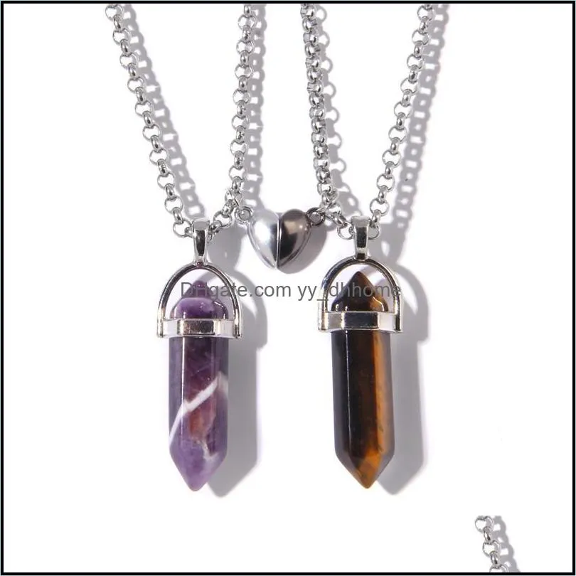 Natural Crystal Quartz Stone pendant neckace Love Heart Magnetic Button hexagonal prism necklaces For Couple Friend Gifts