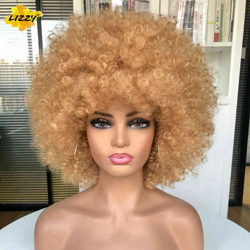 Синтетические парики для волос Короткие афро -странные вьющиеся парики для волос для чернокожих женщин Африканские синтетические пушистые и мягкие натуральные высокотемпературные парики Lizzy 220225