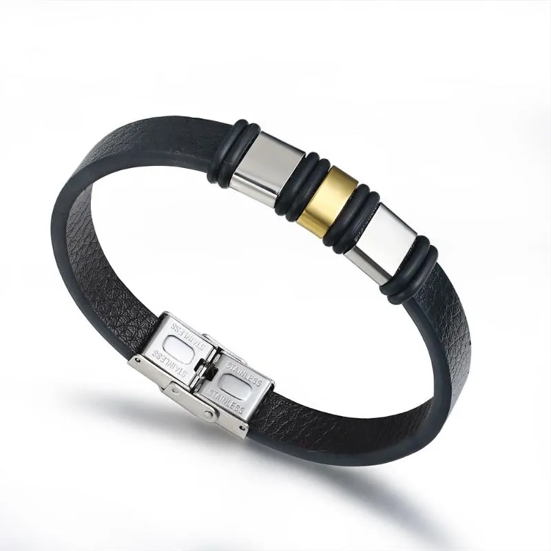 Bracelets de charme Mode Or Bracelet en acier inoxydable Couple Accessoire Bracelet Noir Silicone Cuir Casual et BangleCharm