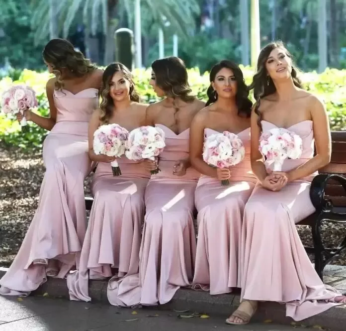 2022 New Blush Pink Sweetheart Satin Mermaid Long Bridesmaid Dresses Ruched  Floor Length Wedding Guest Maid Of Honor Blush Color Evening Gowns BM0732  From Promotionspace, $43.85