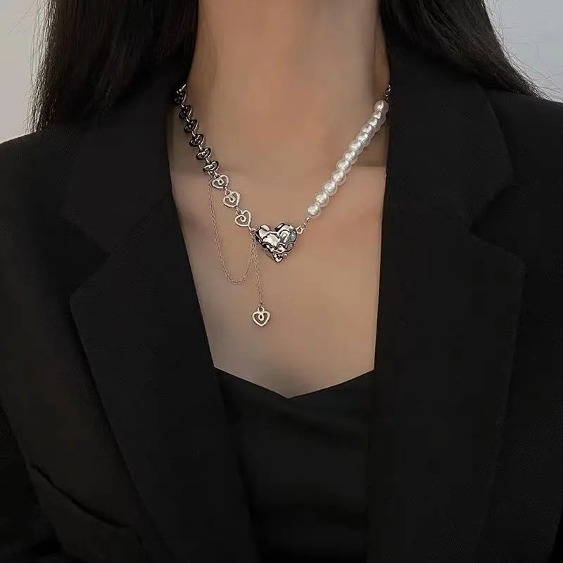 Colares pendentes simples e personalizados imitação branca de pérola amor coração Clavícula Chain Clavicle feminino Decoração de jóias Acessório