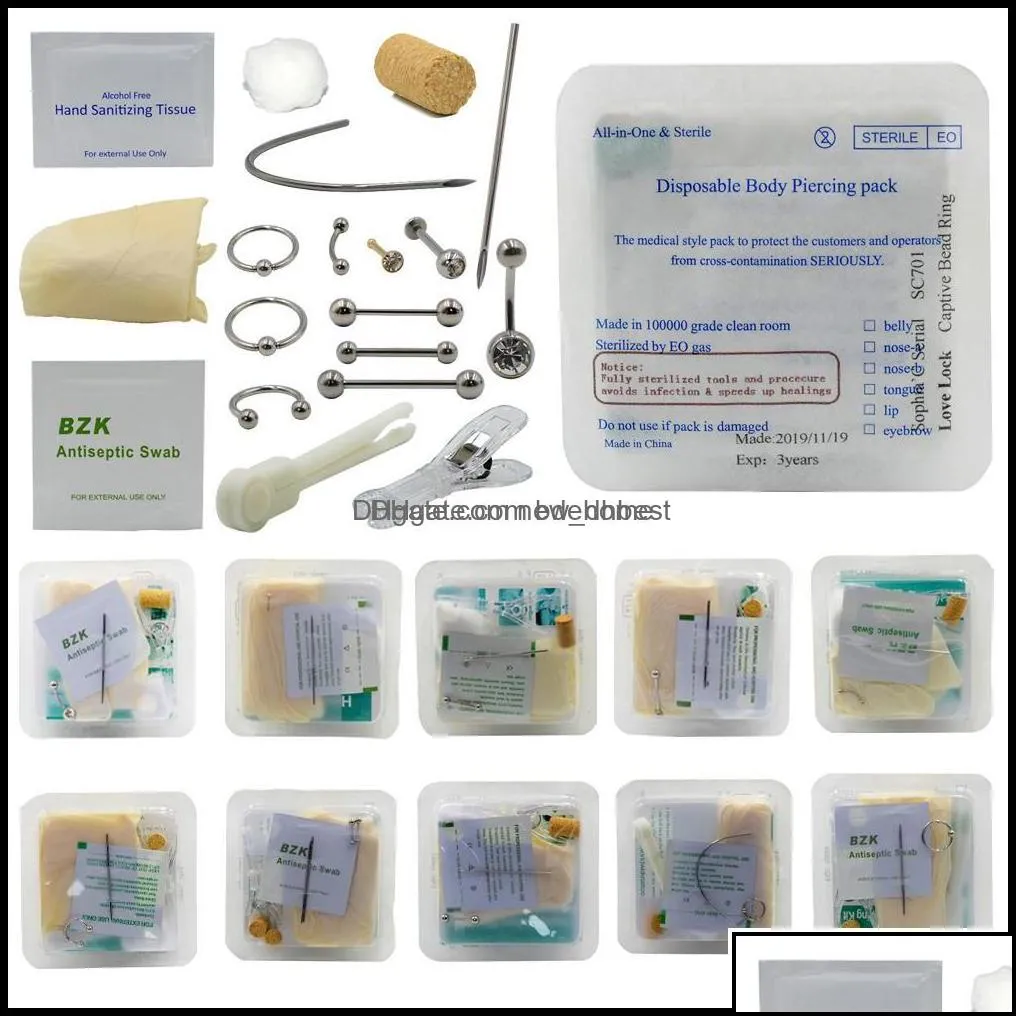 Näsringar Studs Body Jewelry Disponible Piercing Kit Medical Sterile Pack för Ear Nipple Belly Navel Septum Piercer Tool Hine Drop Delive