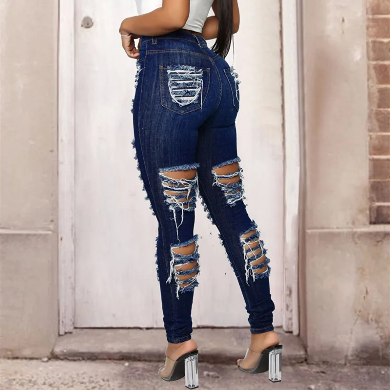 Fashion Denim Pants Women Retro Solid Sexy Hole Tassel Jeans Ripped Pencil Trousers Street Skinny High Waist Lady Pants