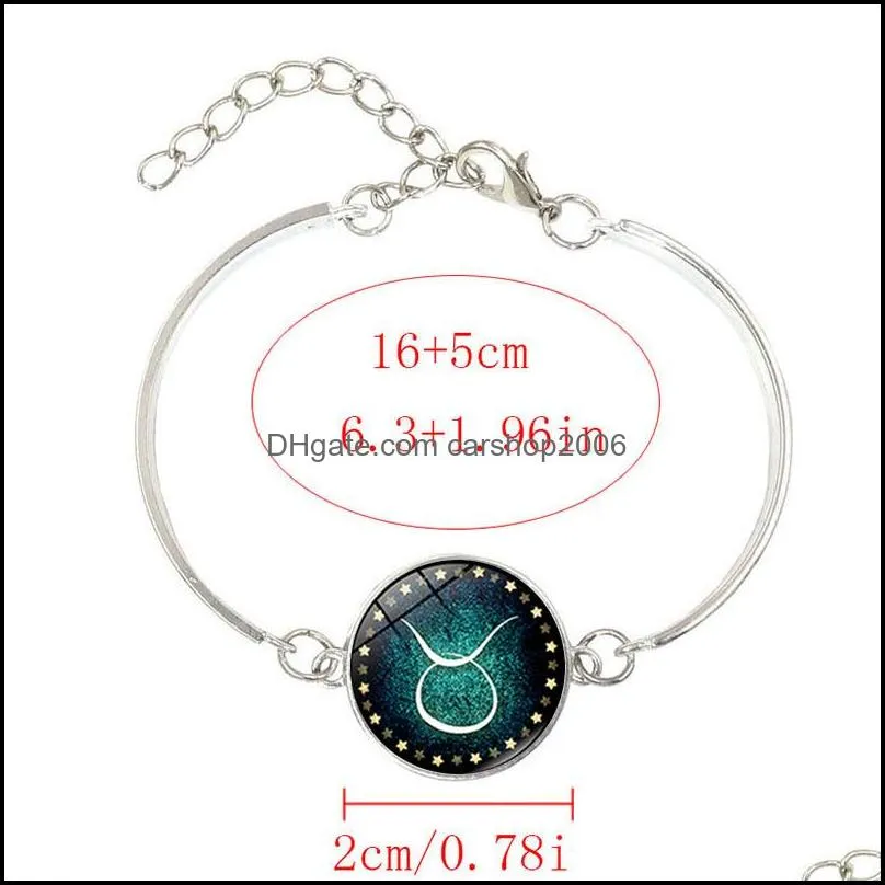 Fashion Time Gem Cabochon Twelve Constellations Zodiac Bracelet Silver Plated 12 Zodiac Bracelet Bangle Women Men Jewelry