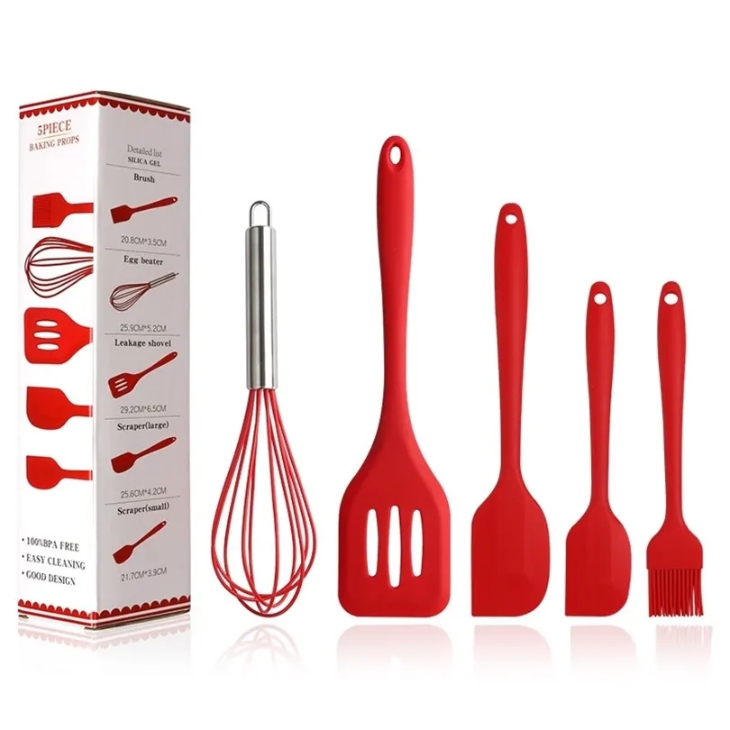 Raschietto in silicone per uso alimentare Set da 5 pezzi Pala Pala Frullino per le uova Forniture rosse Utensili da cucina Set di utensili da cucina con scatola T200415