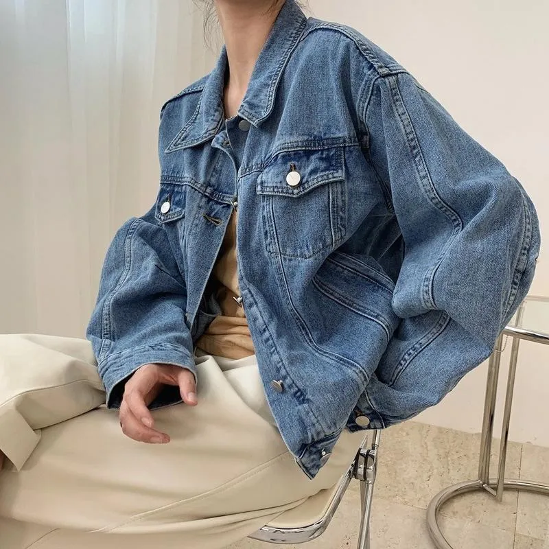 여자 재킷 빈티지 데님 여성 단색 싱글 가슴 긴 슬리브 코트 한국 스타일 레트로 세련된 겉옷 ropawomen 's