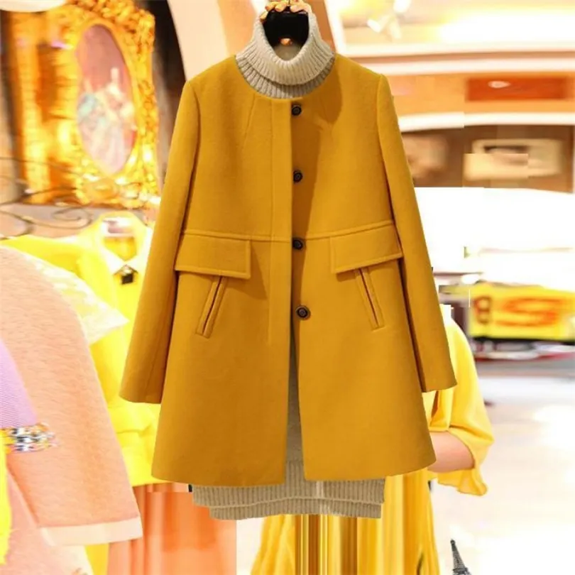 Plus Taille Manteau coréen Jaune Moyen Long Noir Nouveau Printemps Automne Manches longues Oneck Manteau de laine Femmes Lâche Aaline Casacos 201113