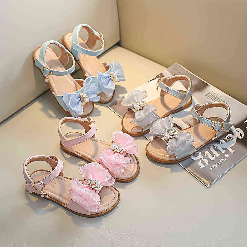 Sapatos da escola de verão infantil para meninas Princesa Sandals Kids Fashion Pearl Flowers Bow Sandal 2021 2 3 4 5 7 8 9 10 11 anos G220523