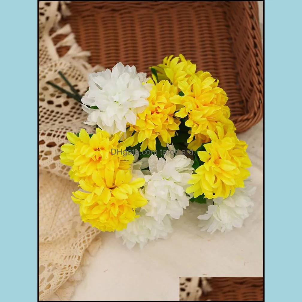 3pcs/Lot Artificial Yellow Chrysanthemum Flowers Bouquet Silk Decorative White Flores For Funeral Vase Home Wedding Marriage Garden Party Decoration Indoor