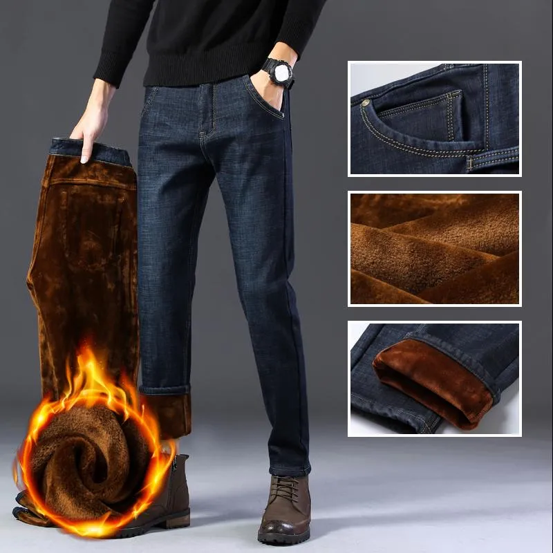Мужские штаны Мужские теплые повседневные прямые джинсы скинни Винтаж в среднем весе тонкий посадка