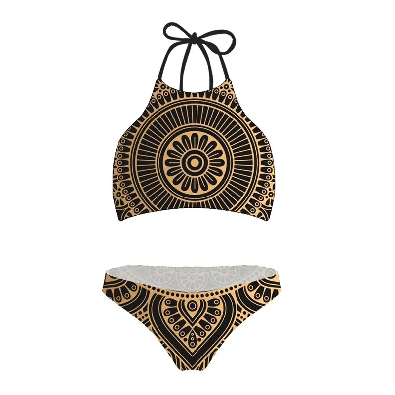 Ethnic Floral Print Halter Swimsuit TwoPiece Swimming Suit Crop Tops