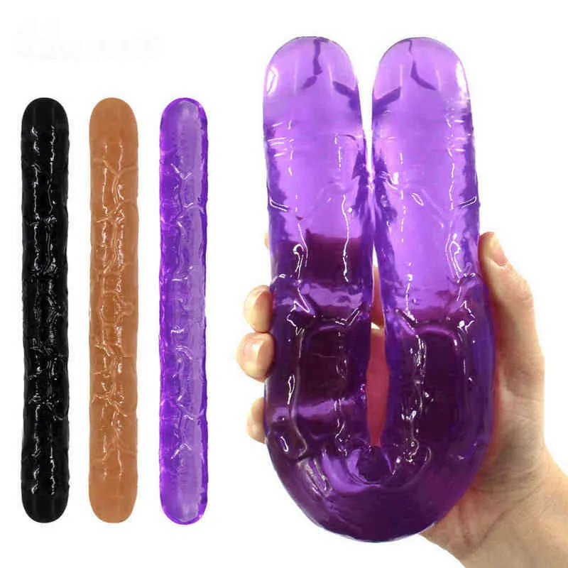 Nxy Productos Sexuales Consoladores Consolador Grande Doble Dong Pene Jalea Artificial Lesbiana Vagina Anal Plug Juguetes para Mujeres Flexible Suave 1227