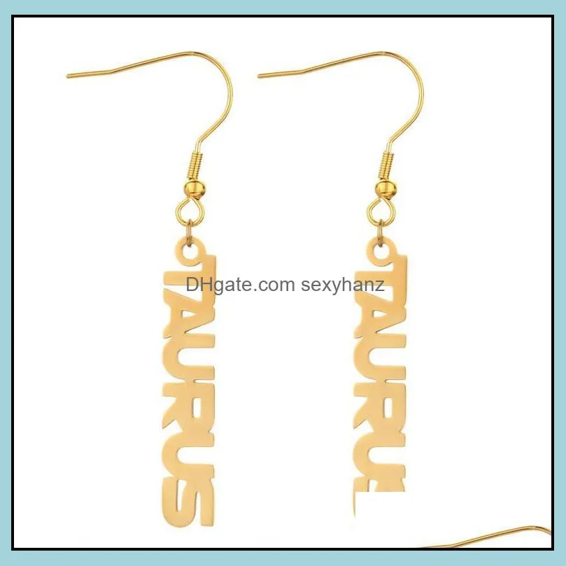 12 Zodiac Dangle Earrings Birthday Gift Gold Plating Constellation Stainless Steel Intial Letter Earring Jewelry for Women girls Xmas gifts