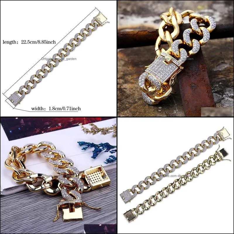 18mm Hip Hop CZ Zircon Paved Ice Out Bling Gold Color Round Cuban  Curb Link Chain Bracelets for Men Rapper Jewelry