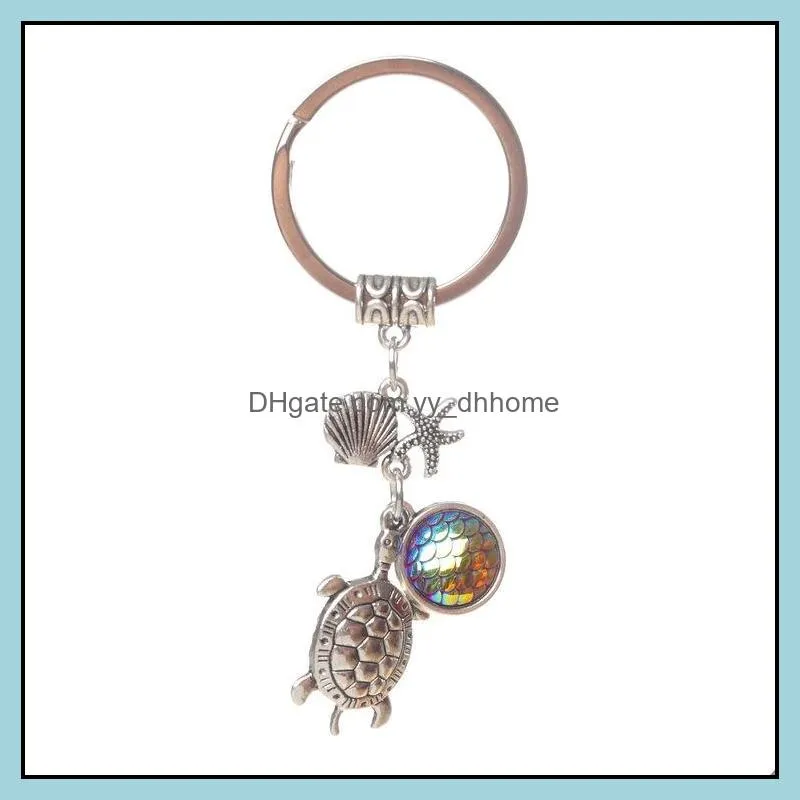 Fashion Drusy Druzy keychain Mermaid Key Rings Tortoise Starfish Fish Scale Charms Keychain Jewelry For women