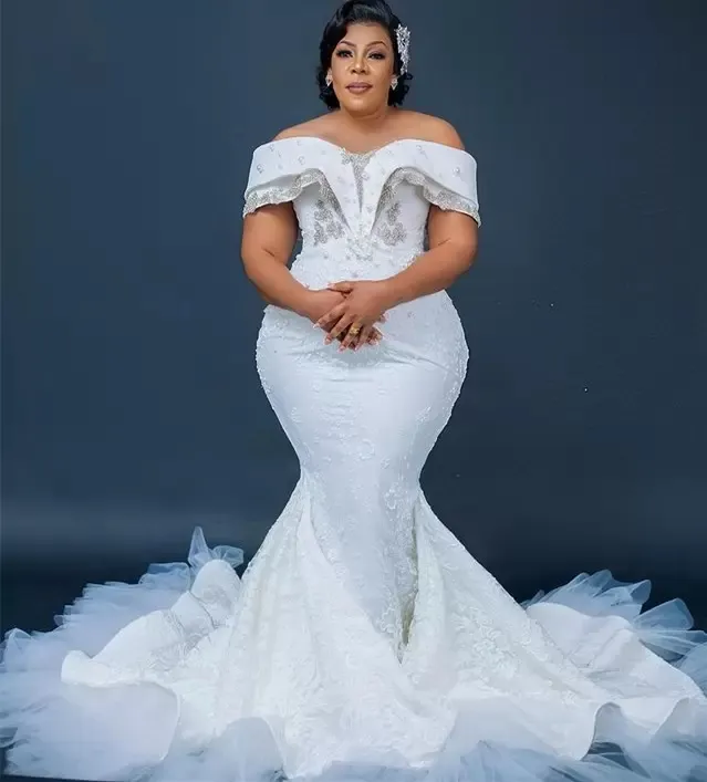 2022 Plus Size Arabic Aso Ebi Stylish Luxurious Mermaid Wedding Dress Beaded Crystals Pearls Bridal Gowns Dress