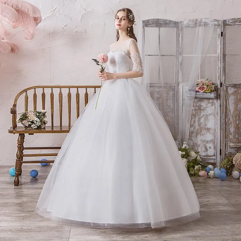 Other Wedding Dresses Classic O Neck Half Sleeve Simple Dress Illusion Appliques Plus Size Lace Up Bride Ball Gown Vestidos De NoviaOther