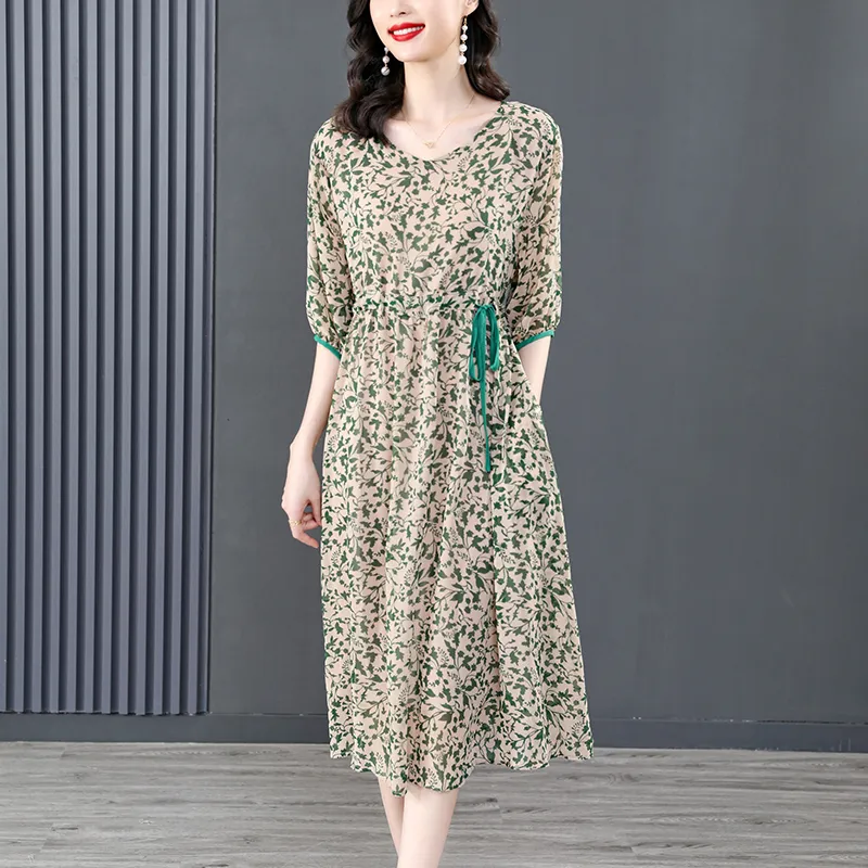 8628# YM New Summer Women Casual Dresses Round Collar Half Sleeve Printing & Belt Lacing Up Ladies Loose Fashion Dress M-XXXL