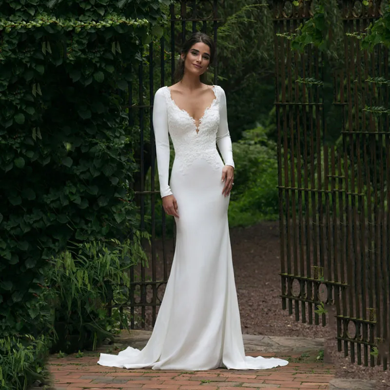 fitted lace wedding dress Chic Mermaid Off-the-shoulder Long Sleeve White Wedding Dresses Cheap –  SELINADRESS main image 1