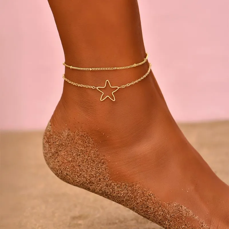 Bracelets de cheville bohémien, petite chaîne de cheville sur la jambe pour femmes et filles, ensemble de Bracelets simples en or creux en étoile, bijoux de plage, cadeaux