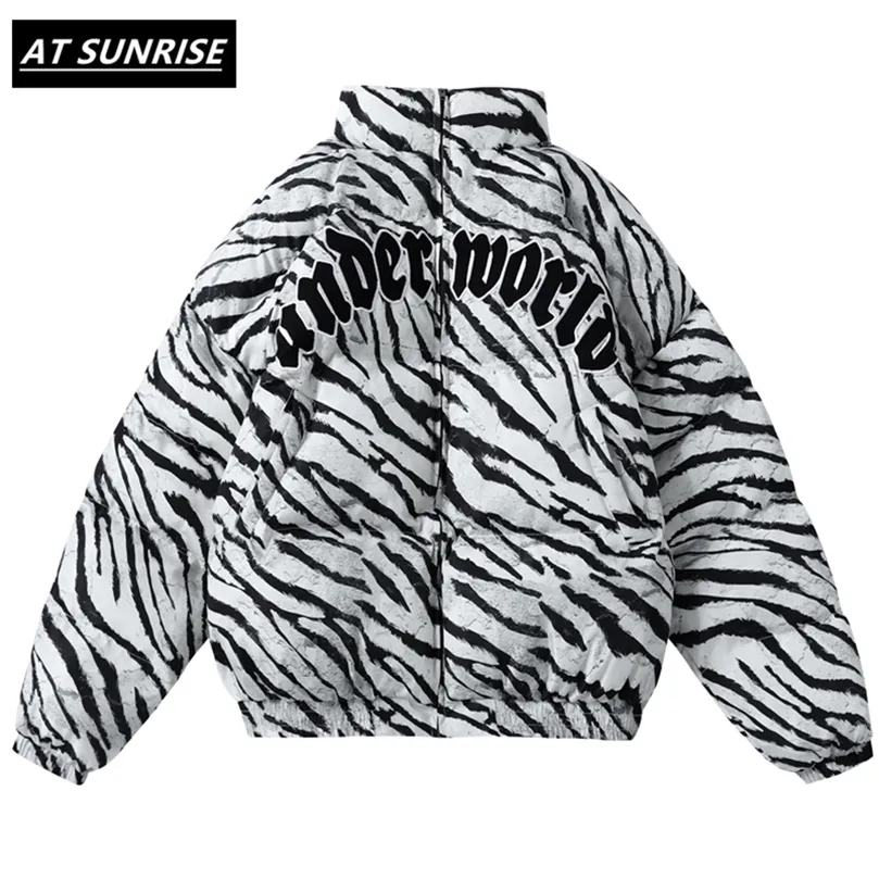 Zimowa kurtka płaszcza Hip Hop zamek błyskawiczne grube kurtki mężczyźni moda moda swobodny zebra druk haftowane litery streetwearu 201127