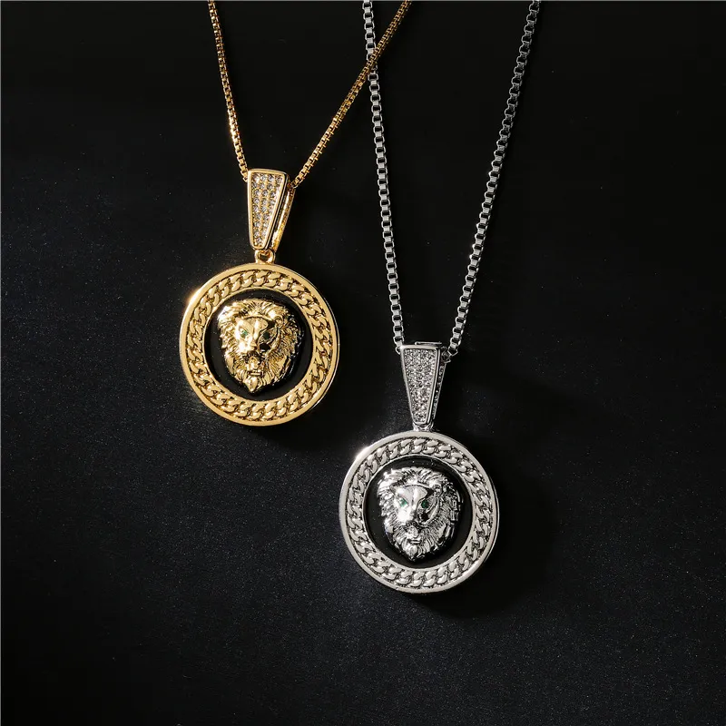 Party Favor hip hop lion head round pendant Favor necklaces for men western animal luxury necklace Stainless steel Cuban chains dog tag jewelry