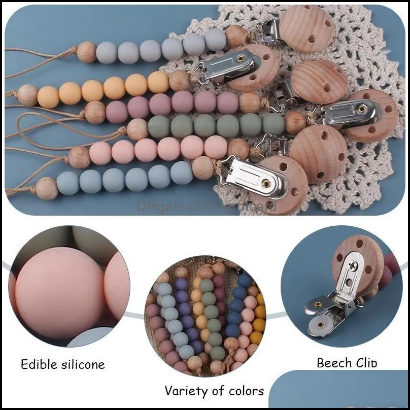 Stock 12 colors Beech Wooden silicone Bead Pacifier Holders Newborn Pacifier Chains Clips Baby Teething Soother kids Chew Toys C0401