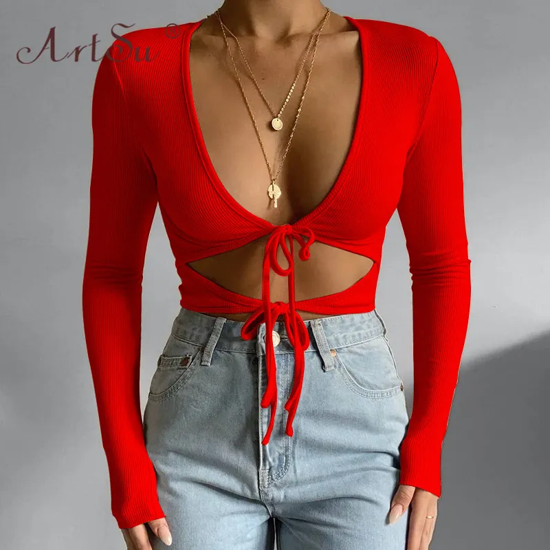 ArtSu Red Black Pink Bandage V Neck Front Tie Up Top Women Long Sleeve Skinny Sexy Crop Tops Streetwear Female Cut Out Tee Shirt 220714