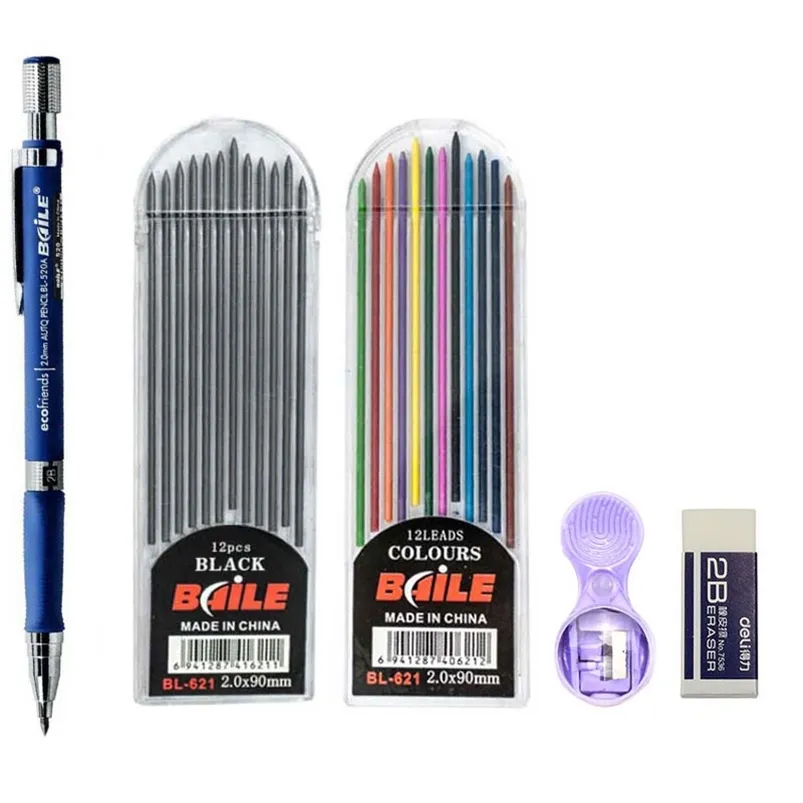 Ensemble de crayons mécaniques 2.0mm, crayons automatiques 2B avec recharges de plomb ColorBlack pour dessin, écriture, artisanat, croquis d'art 220722